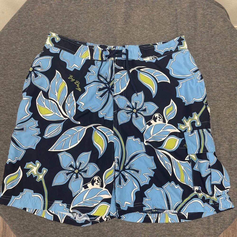Big Dogs XL Floral Print Swim Trunks Shorts Drawstring Blue‎ Fun Attitude Beach